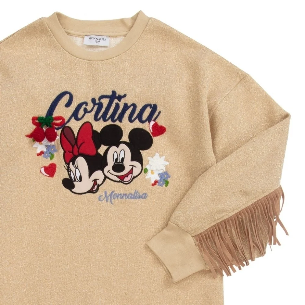 MonnaLisa Cortina Disney Mickey Minnie Mouse Glitter Gold Fringe Dress Size 6